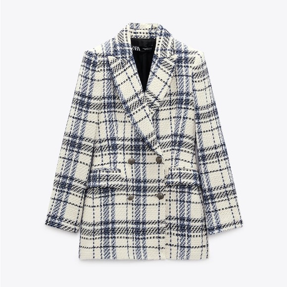 Zara Ecru & Blue Double Breasted Textured Weave Blazer Jacket - Picture 14 of 16